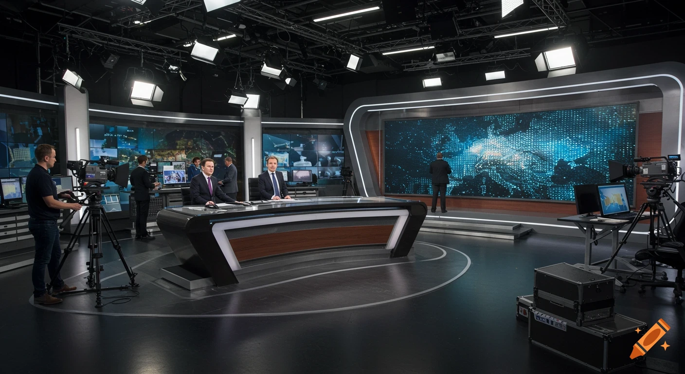 A modern, photorealistic TV news studio with anchors at a desk, crew, and large screens displaying data.