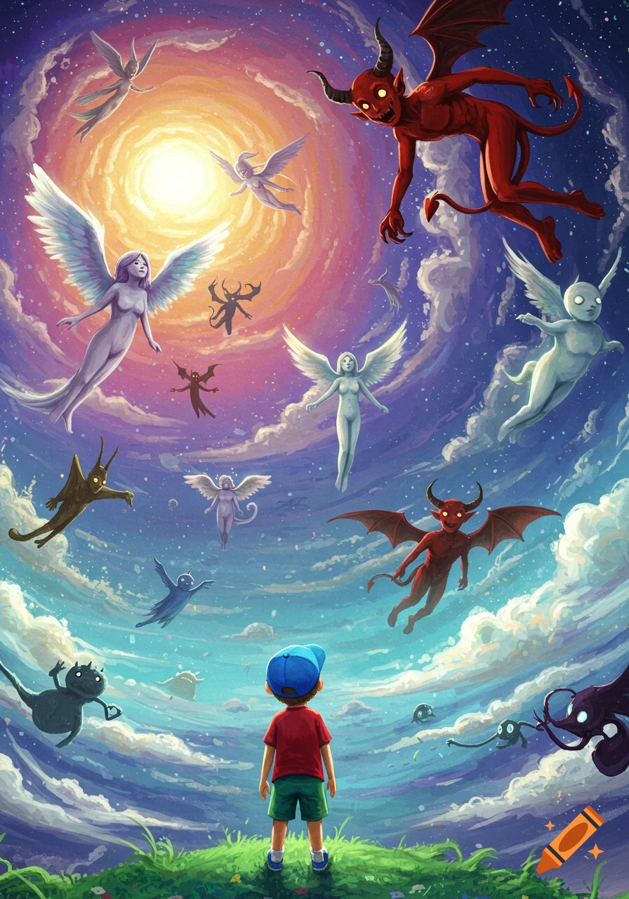 A boy in a blue cap stands on a grassy hill, gazing at a fantastical, swirling sky filled with angels, red devils, and various whimsical monsters.