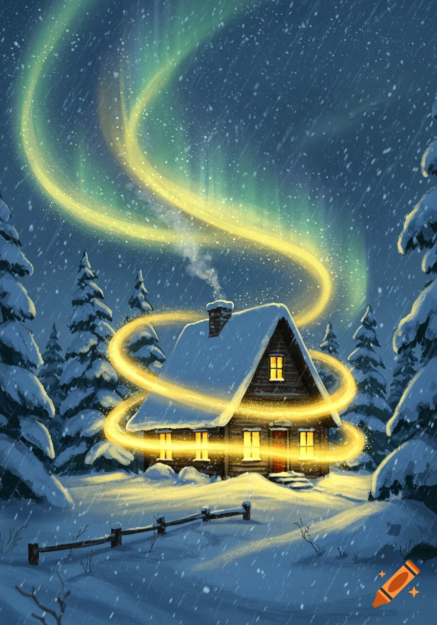 Snowy wooden cabin with warm lights in a winter forest under a night sky with green aurora and golden magical swirls.