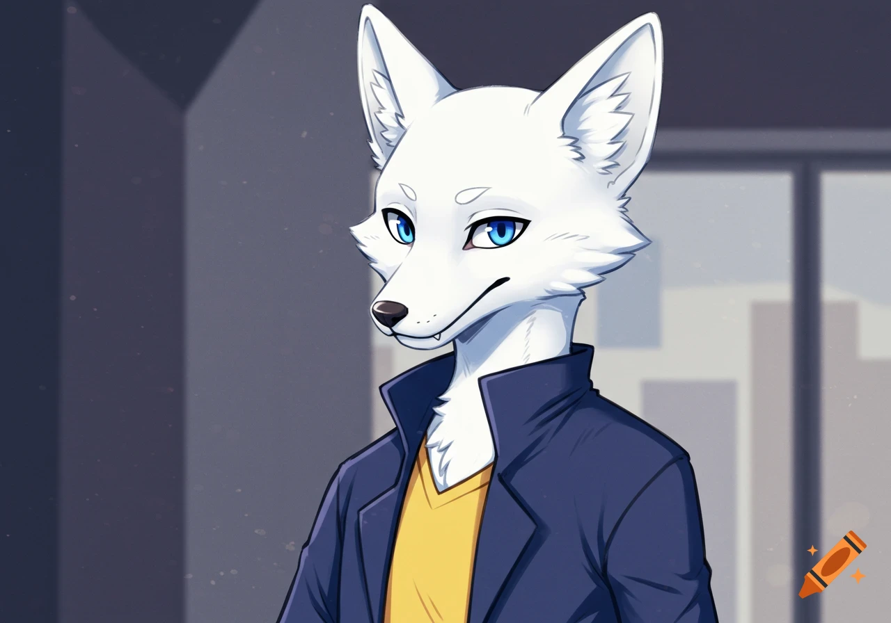 Cell-shaded anthropomorphic white fox with indigo eyes and a mischievous smirk, wearing a dark blue jacket and yellow shirt.