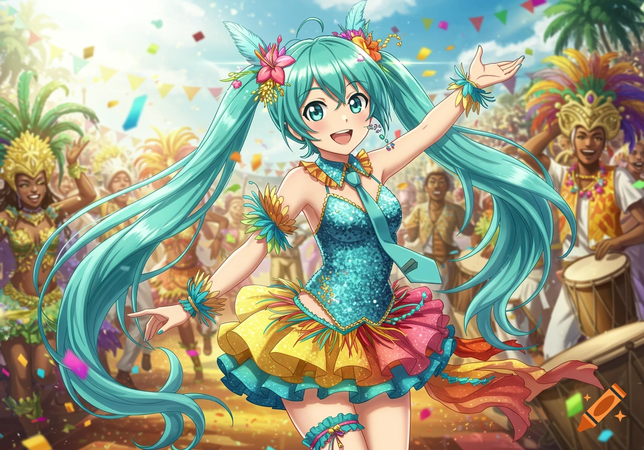 Anime character Hatsune Miku dances joyfully in a vibrant, sequined carnival costume amidst a festive parade with confetti.