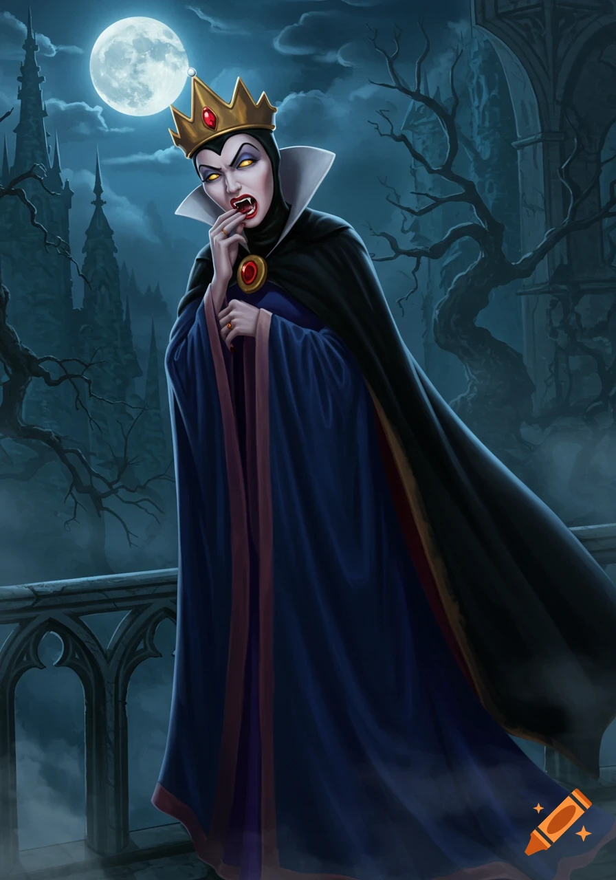 Vampire Evil Queen in a crown and dark cape biting her finger on a gothic balcony under a full moon.