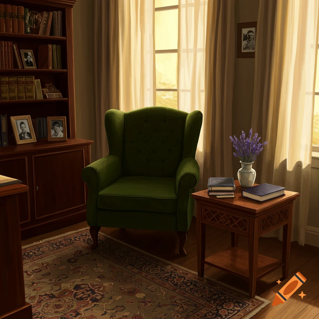 A cozy room with a green armchair, a full bookshelf, a side table with books and lavender, and a patterned rug in warm light.