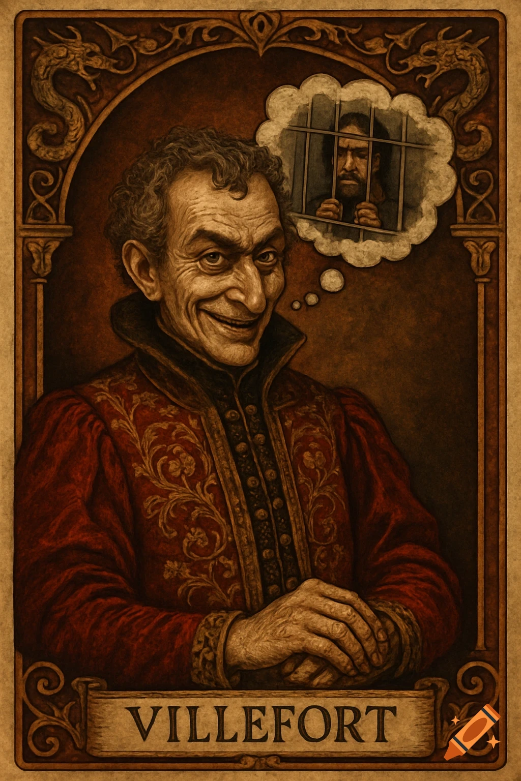 A medieval-style portrait of Villefort smiling creepily, with a thought bubble showing a man in jail, framed like a tarot card.