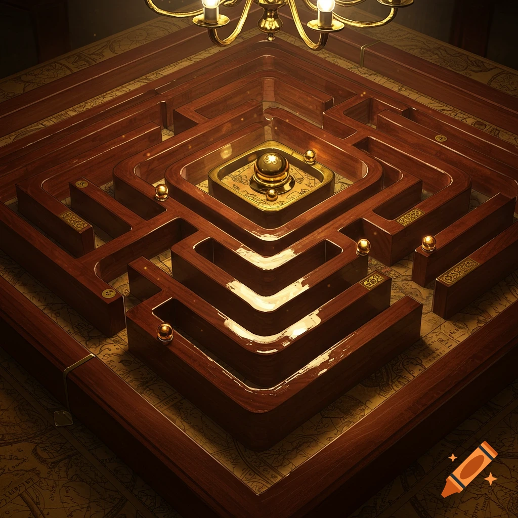 An ornate, photorealistic wooden table maze with gold balls and a central gold mechanism, illuminated by a chandelier.