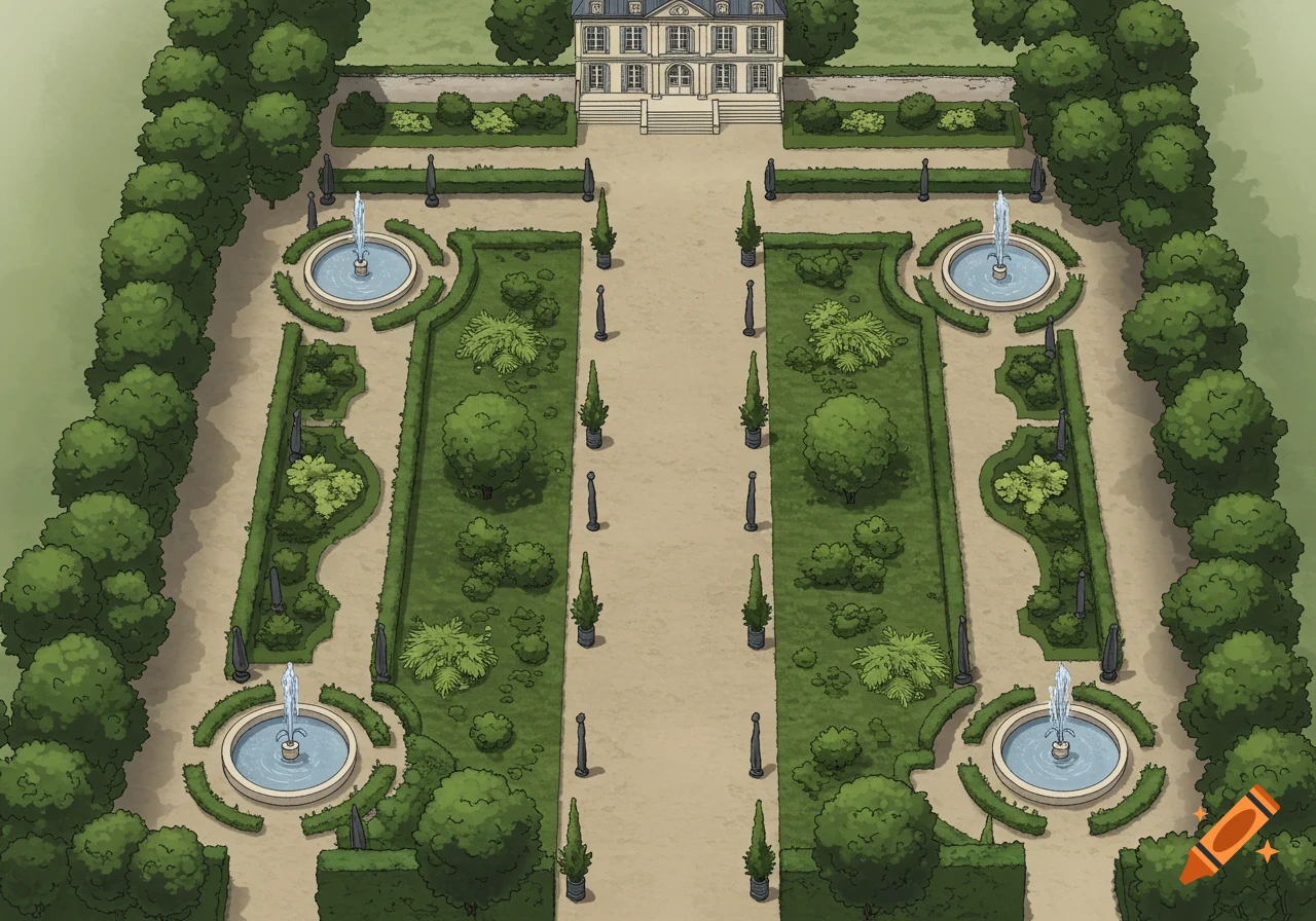 A top-down, isometric illustration of a symmetrical French garden with a large house, four fountains, manicured hedges, and a central path.
