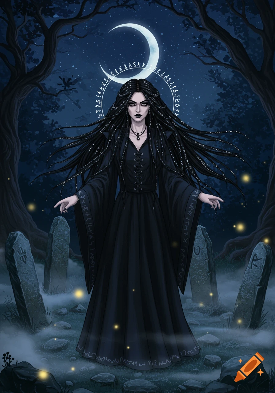 A gothic witch with long dark braids stands in a moonlit graveyard with gravestones, trees, and glowing embers.