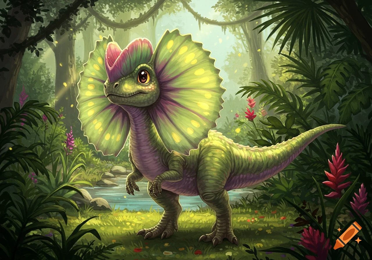 A cute, cartoon-style green Dilophosaurus with a pink and green frill stands in a lush, vibrant jungle.