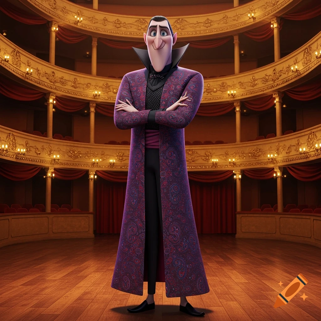 Cartoon Dracula from Hotel Transylvania stands with arms crossed on a wooden stage in an ornate, empty theater.