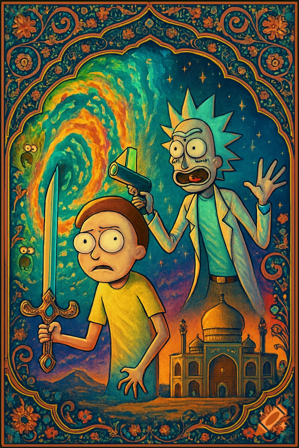 A Persian-style painting features Rick holding a portal gun and a distressed Morty with a sword, against a swirling galaxy and a mosque.