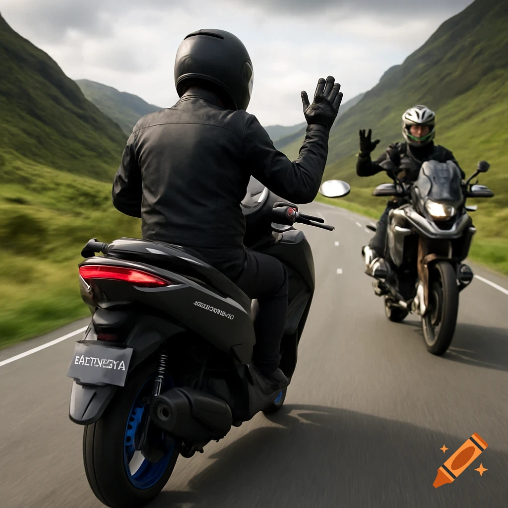 Two motorcyclists in black gear ride on a winding road through green Scottish Highlands, waving at each other.