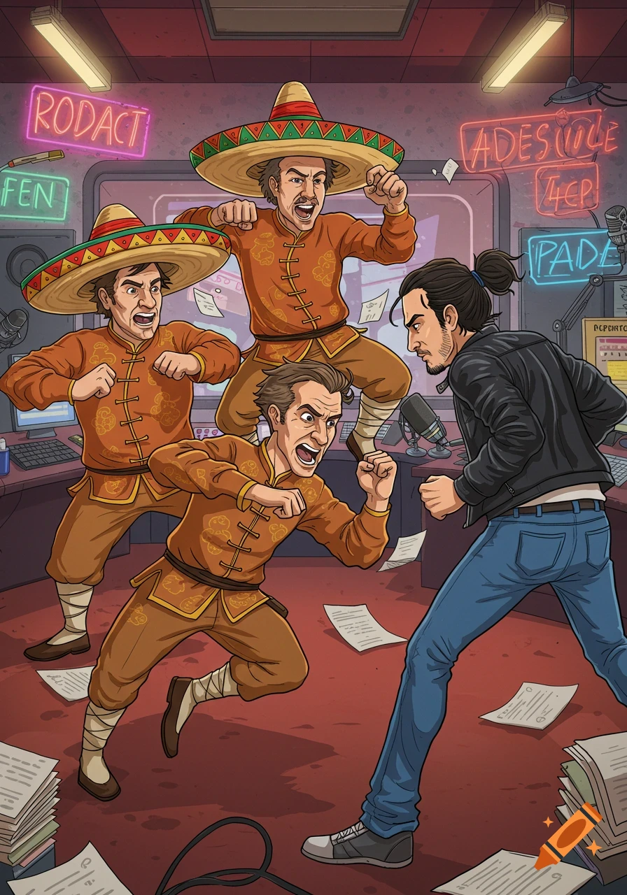 Cartoon of three men in kung fu suits and sombreros fighting a man in a leather jacket in a podcast studio.