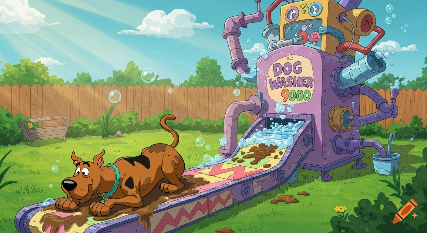Cartoon Scooby Doo, covered in mud, lies on a conveyor belt leading to a whimsical 'DOG WASHER 9000' machine in a sunny backyard.