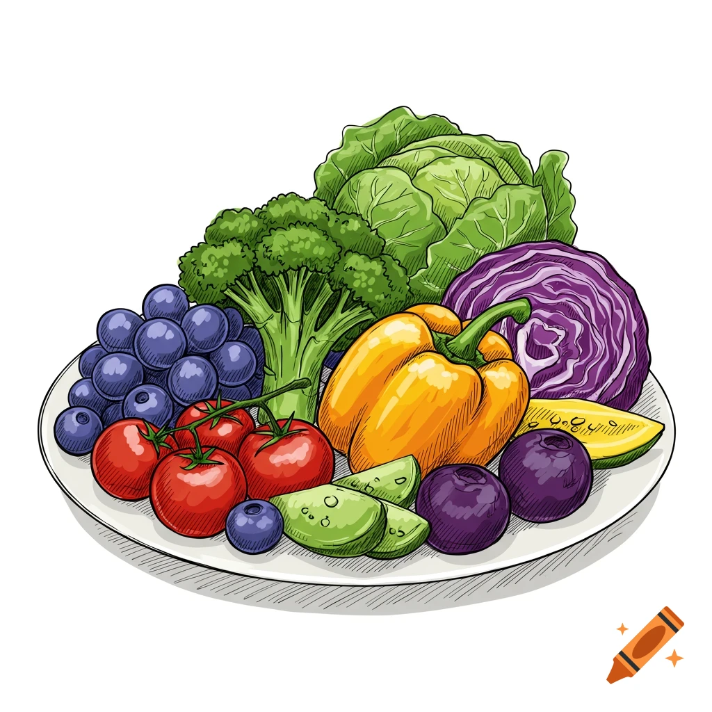 A white plate filled with colorful, hand-drawn fruits and vegetables including grapes, tomatoes, broccoli, cabbage, bell pepper, and blueberries.