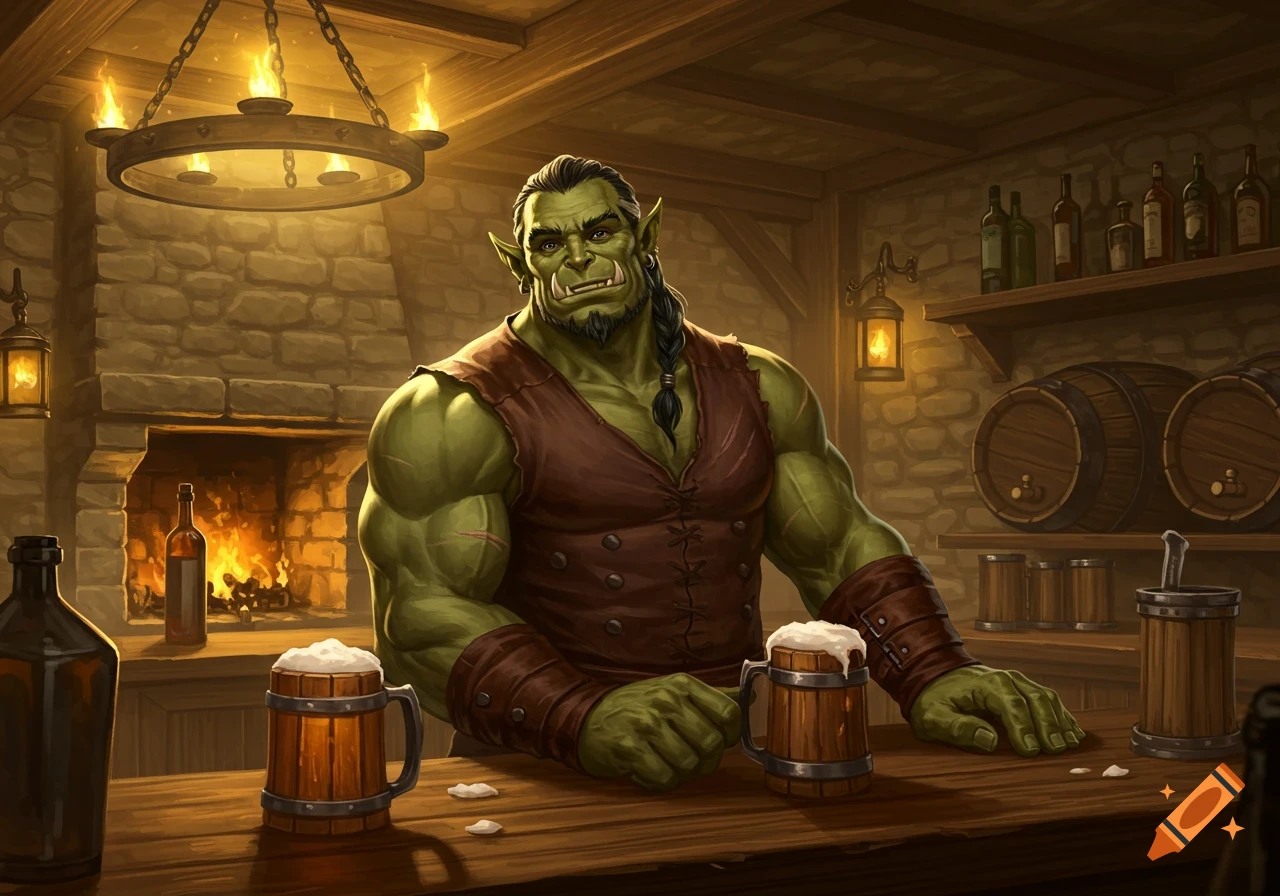 A muscular green-skinned half-orc tavern keeper leans on a wooden bar with two mugs of frothy beer in a cozy, dimly lit fantasy tavern.
