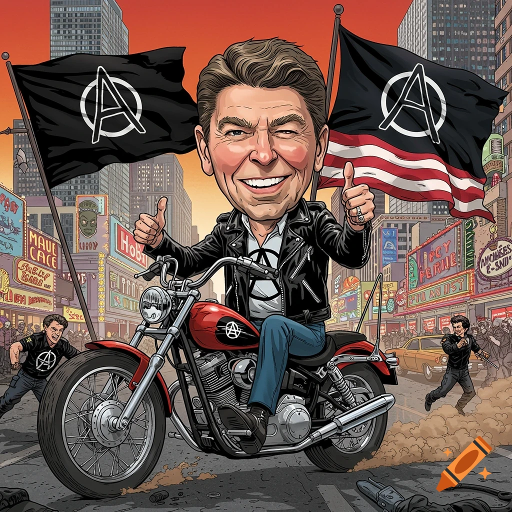 A caricature of Ronald Reagan on a red motorcycle, giving thumbs up, with anarchy flags in a city street background, in a political cartoon style.