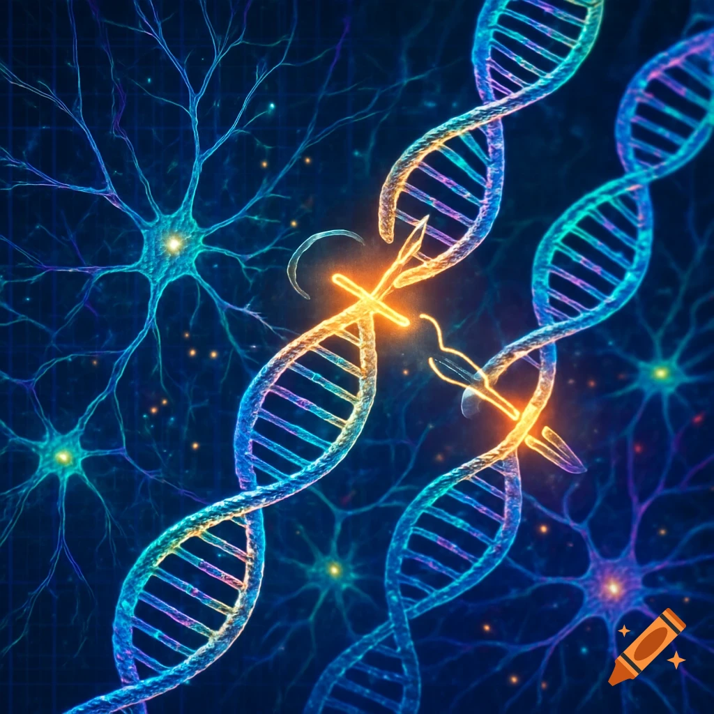Abstract illustration of DNA gene editing with a glowing CRISPR tool, surrounded by blue and purple neural networks on a dark background.