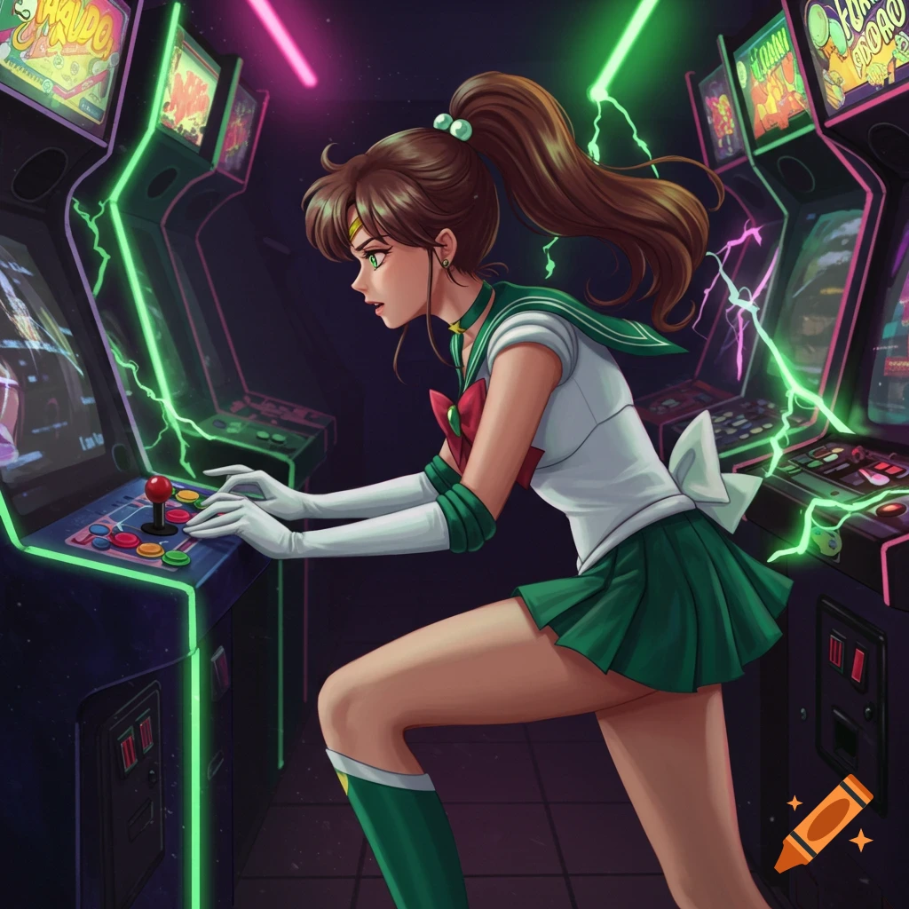 Sailor Jupiter plays an arcade game, focused on the joystick and buttons in a dark, neon-lit arcade.
