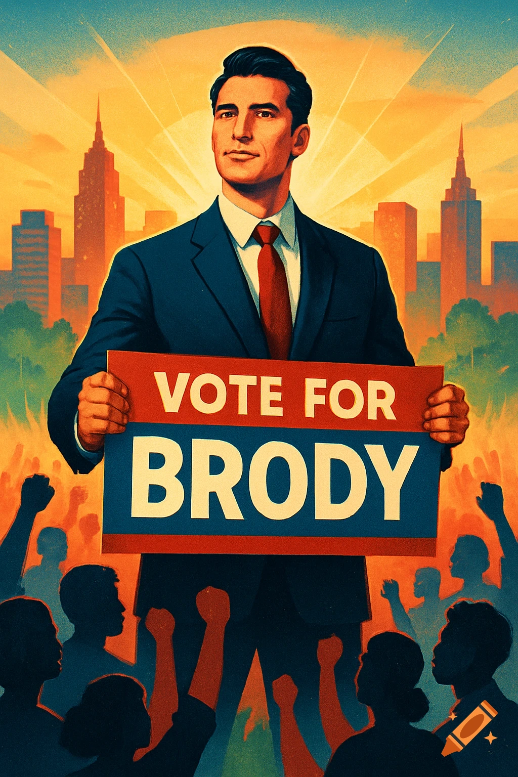 A man in a suit holds a 'Vote for Brody' sign in front of a cheering crowd and a cityscape, in a vintage political poster style.