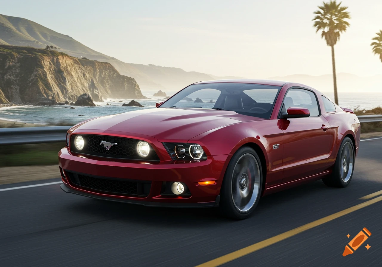 A red 2011 Ford Mustang GT drives along a scenic coastal highway with mountains, ocean, and palm trees in the background.