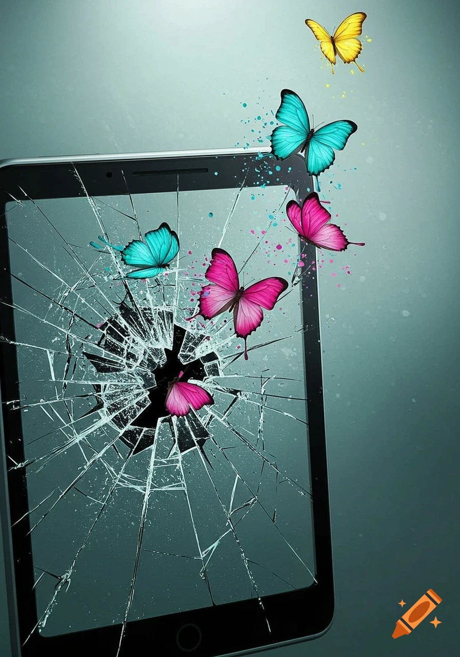 Colorful butterflies escaping a broken tablet screen, symbolizing transformation from digital life.