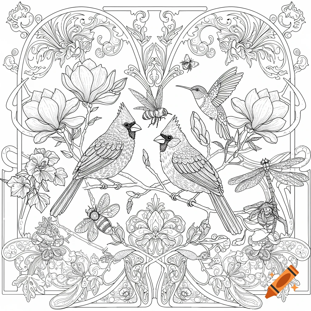 Detailed black and white Art Nouveau coloring page with two cardinal birds, magnolia flowers, a hummingbird, butterflies, dragonflies, and bumblebees.