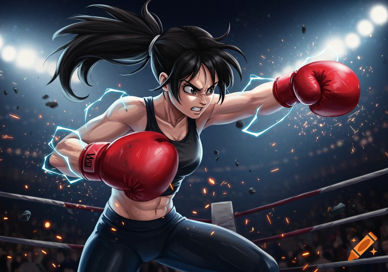 An intense anime-style female boxer with dark hair and red gloves throws a punch in a ring with electric effects.
