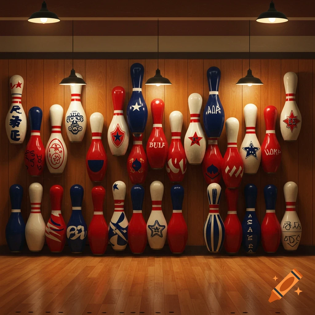 A collection of red, white, and blue bowling pins, many decorated with stars and stripes, arranged on a wooden wall and illuminated by spotlights.