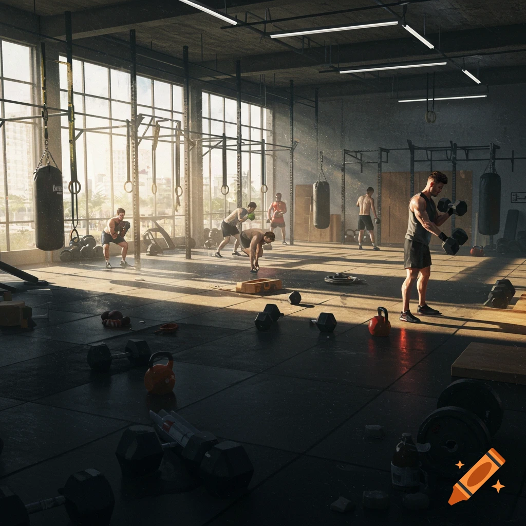 Men working out in a large, sunlit gym with punching bags and various fitness equipment.
