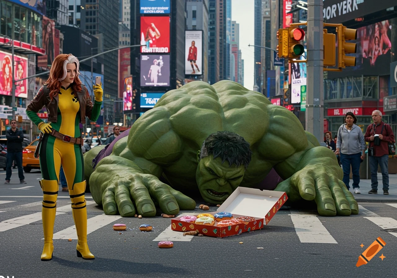Rogue from X-Men in a yellow and green suit takes a photo of an upset Hulk lying over spilled donuts in a busy city street.
