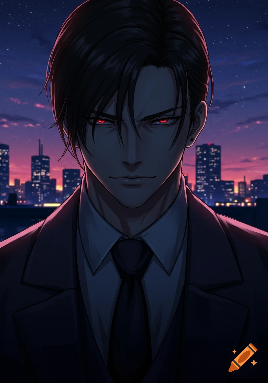 An intense anime man with dark hair and glowing red eyes in a suit against a city skyline at dusk.