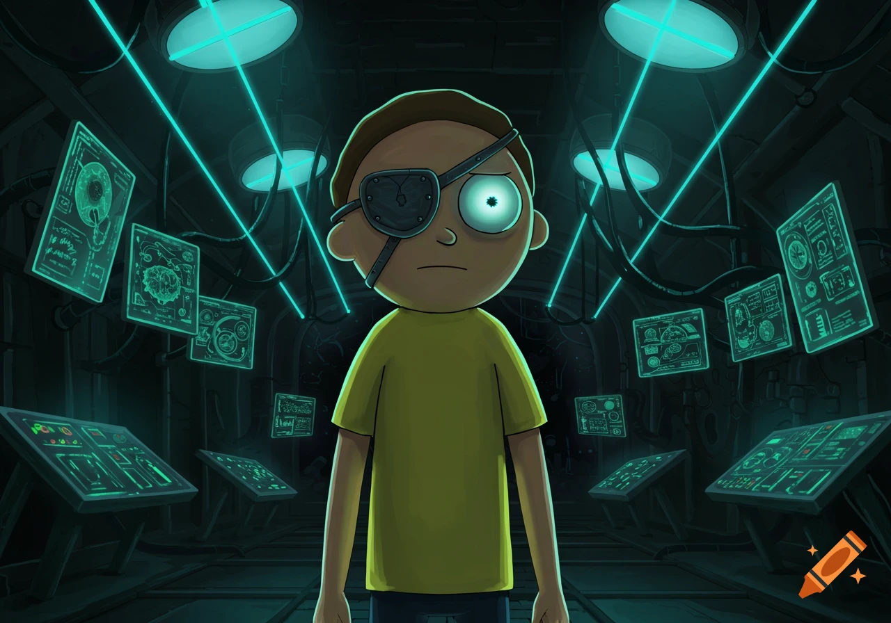 Evil Morty with an eyepatch and glowing eye stands in a dark, neon-lit sci-fi lab with holographic screens.