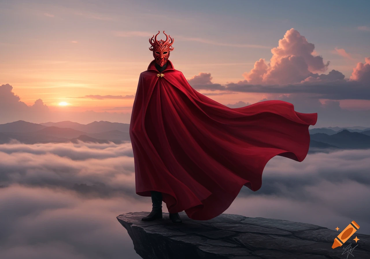 A masked figure in a flowing red cloak stands on a cliff, overlooking ...