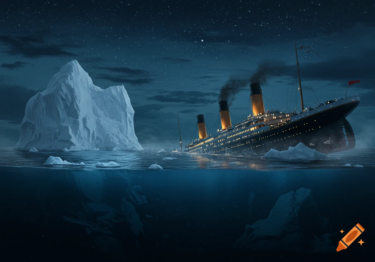 The Titanic ship sinking next to a large iceberg at night, with the wreckage visible above and below the dark sea.