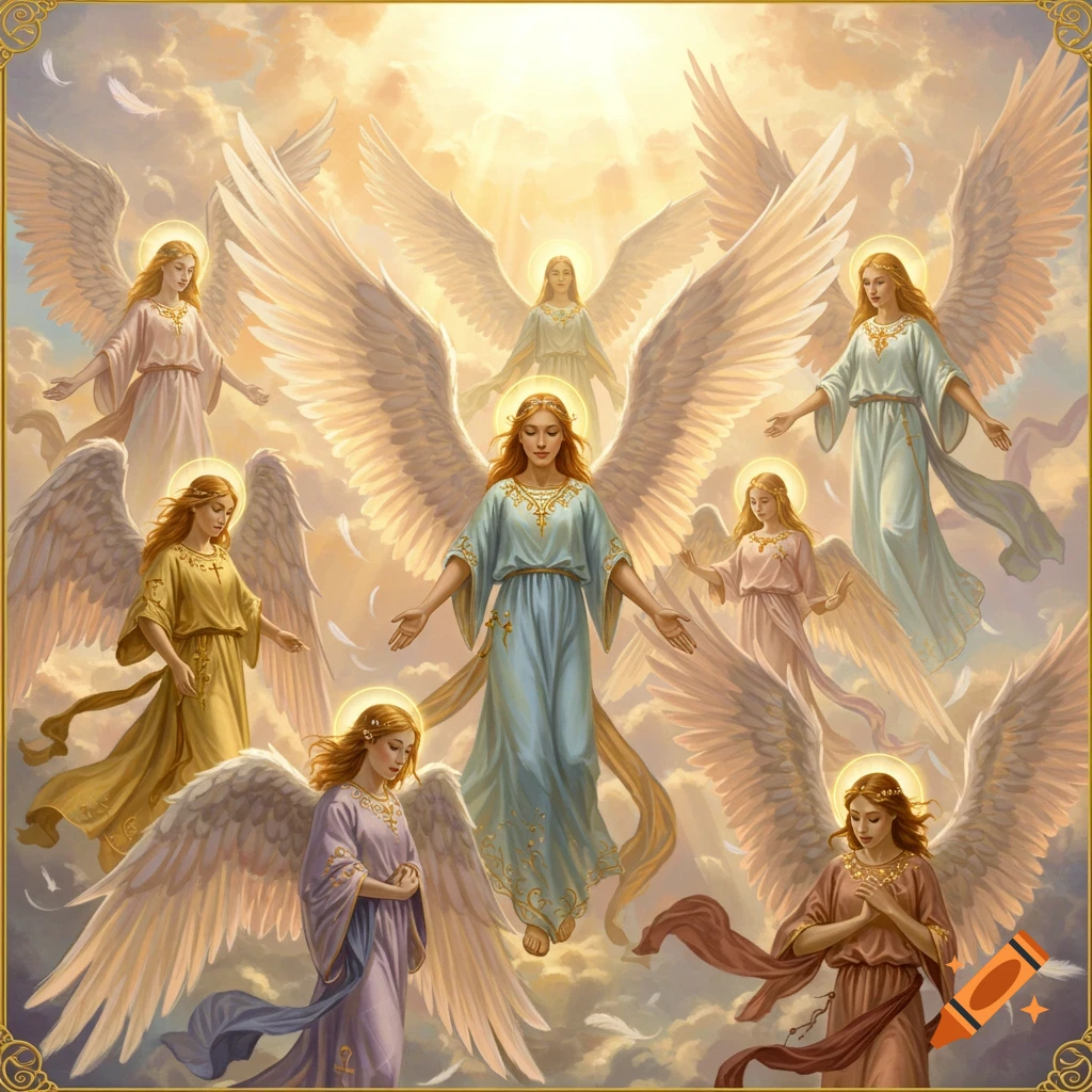 Multiple archangels with large white wings, halos, and flowing pastel robes float in a bright, cloud-filled sky.