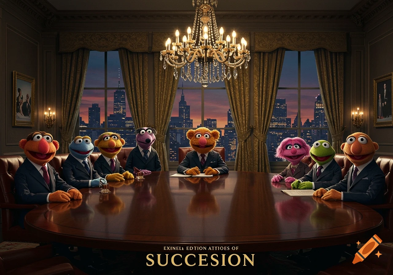 Muppets in suits sit around a large polished boardroom table overlooking a city skyline at dusk.
