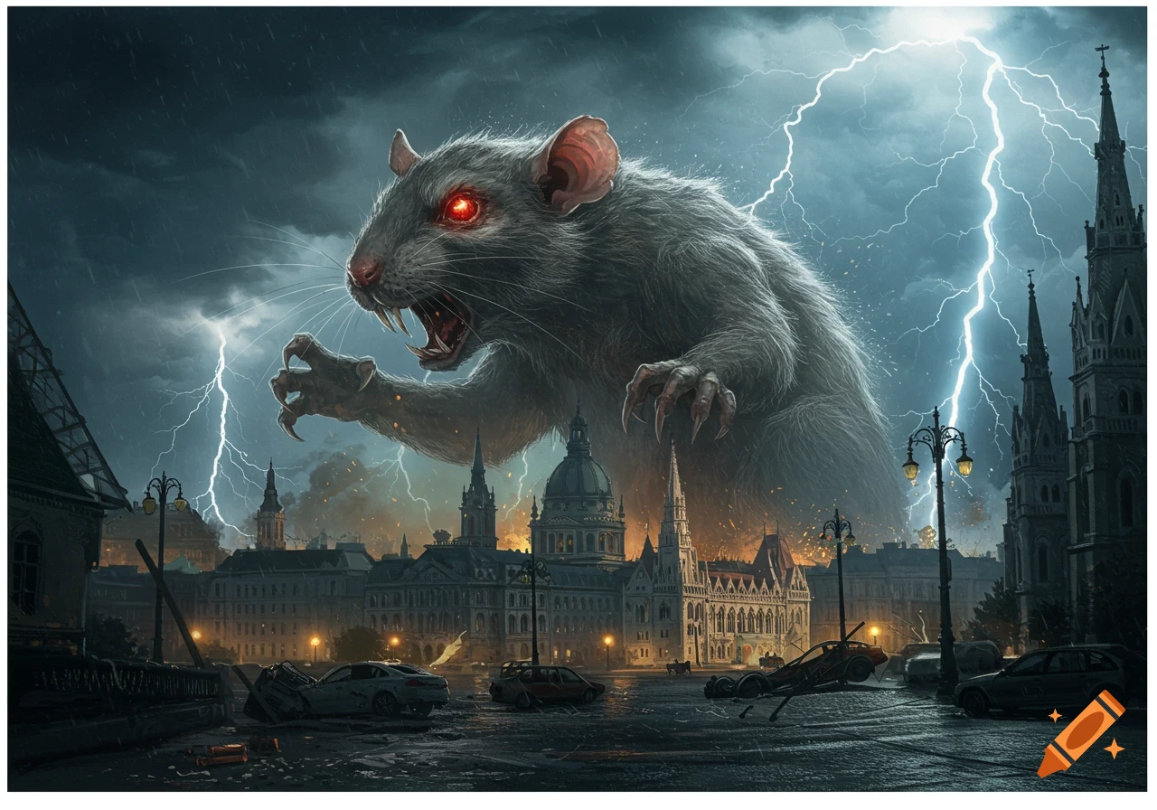 A giant rat kaiju with glowing red eyes attacks a city resembling Budapest under a stormy, lightning-filled sky with overturned cars.