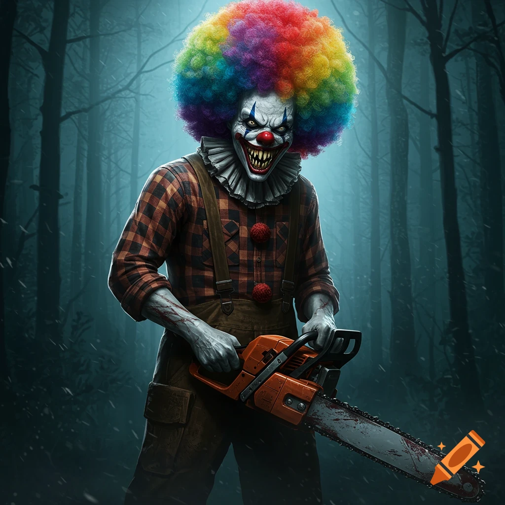 A creepy clown with a rainbow afro, sharp teeth, plaid shirt, and overalls, holds a bloody chainsaw in a dark, misty forest.