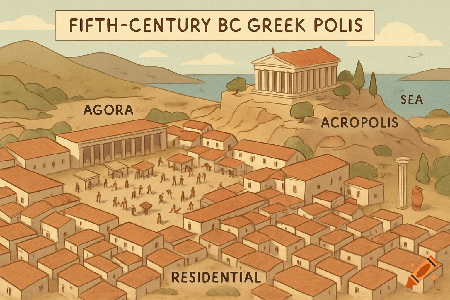 Illustrated map of a Fifth-Century BC Greek polis, showing the Agora, Acropolis, Residential area, and Sea.