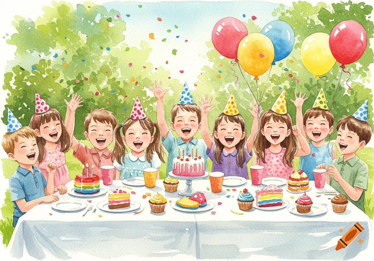 A group of happy children in party hats celebrating at an outdoor birthday party with cakes and balloons, in a watercolor style.