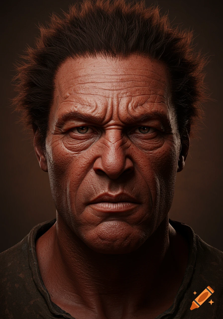 Close-up photorealistic portrait of an older man with a reddish-brown complexion, wrinkled brow, bristly dark hair, and an intense, serious expression.
