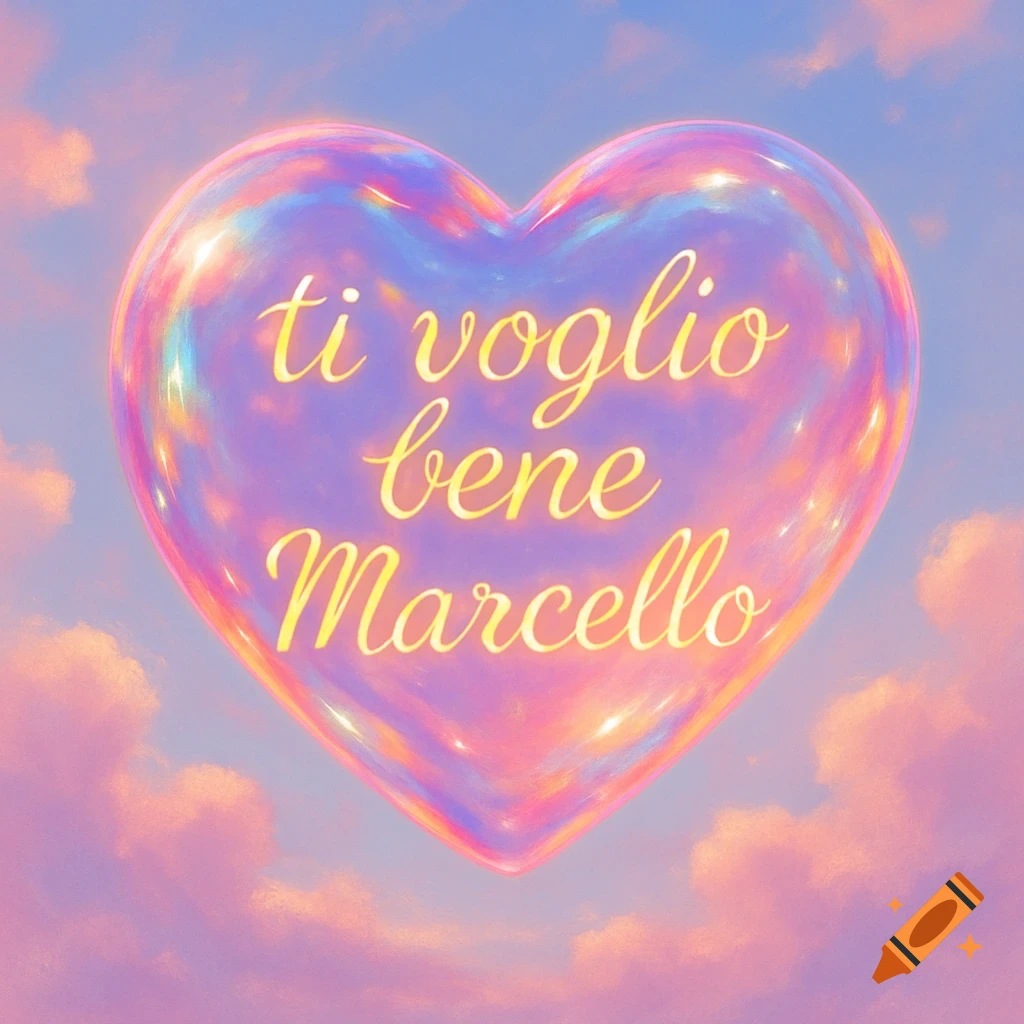 A shimmering holographic heart with 'ti voglio bene Marcello' floating in a pastel pink and blue sky with clouds.