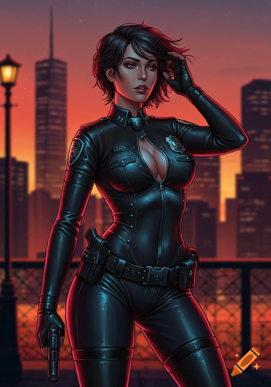 A digital art illustration of a policewoman in a tight black leather uniform holding a gun, against a city skyline at sunset.