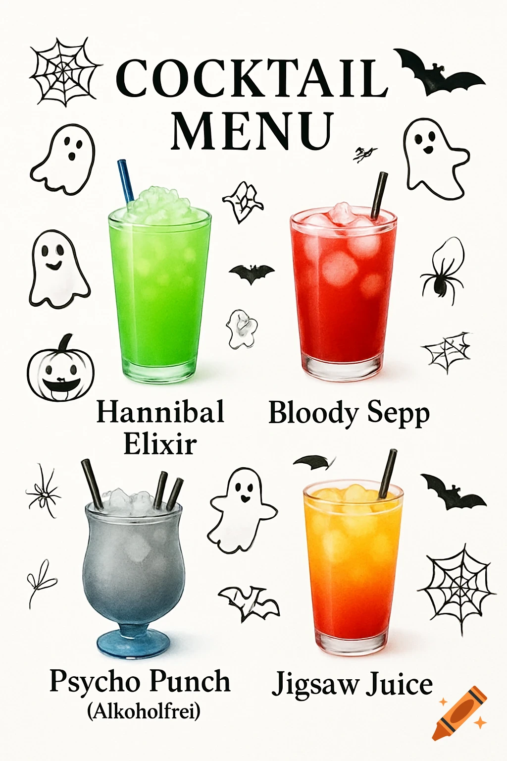 A Halloween cocktail menu featuring four drinks: Hannibal Elixir, Bloody Sepp, Psycho Punch, and Jigsaw Juice, with spooky doodles.