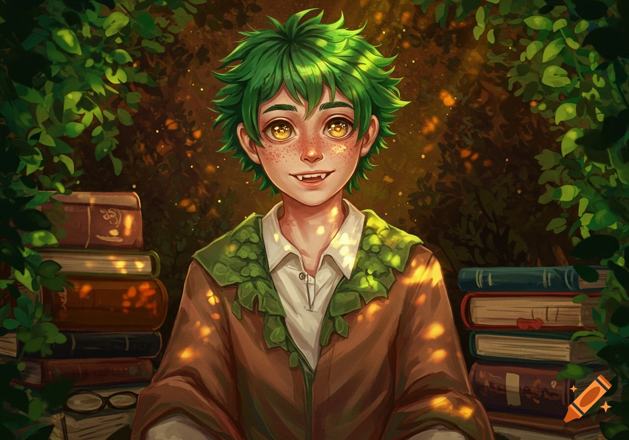 An ethereal, green-haired boy with freckles, gold-flecked eyes, and a snaggletooth smiles in a lush, sparkling forest with stacks of books around him, in an anime-fantasy art style.