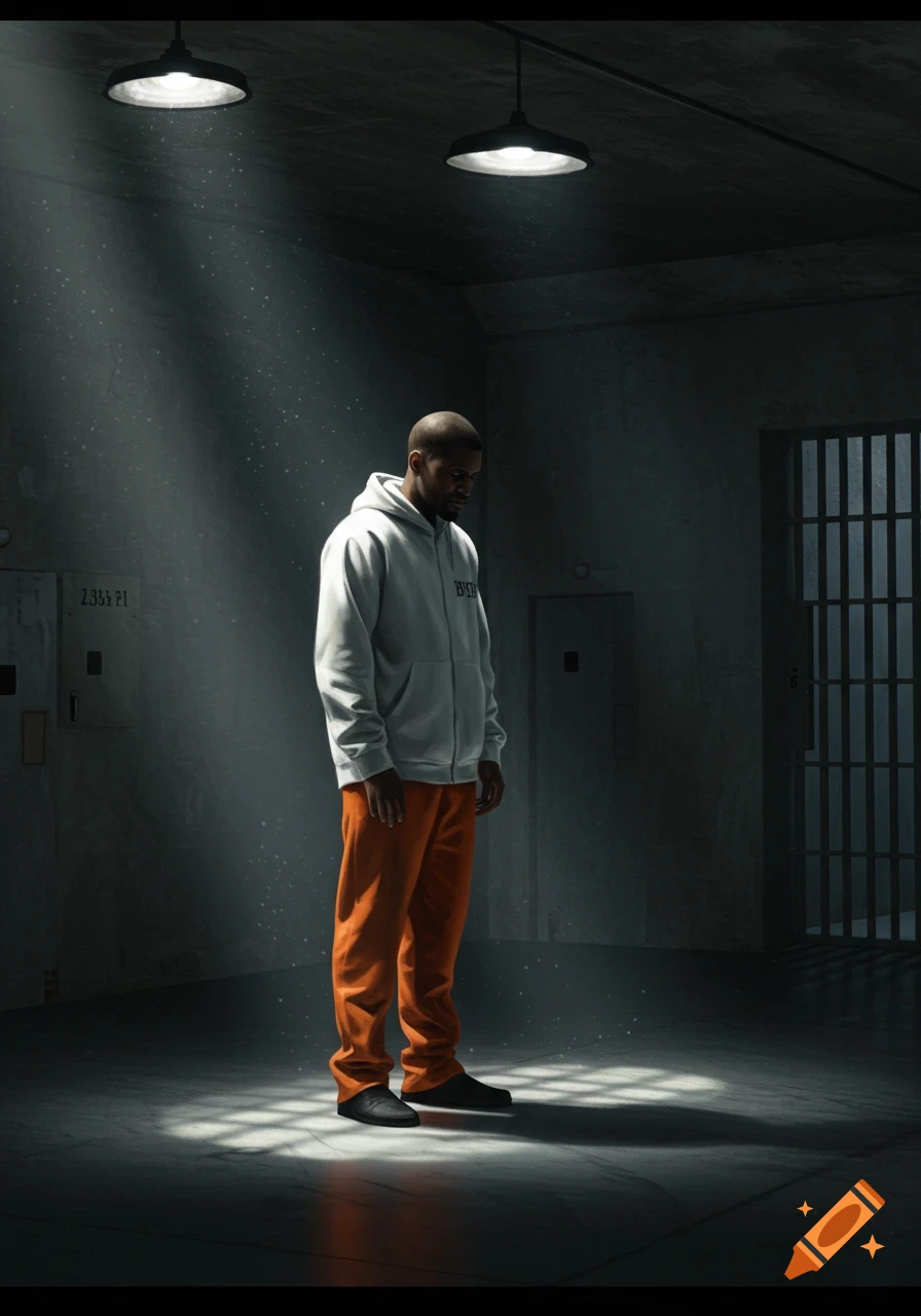 A man in a white hoodie and orange pants stands in a dimly lit prison cell, with light shining through a barred window.