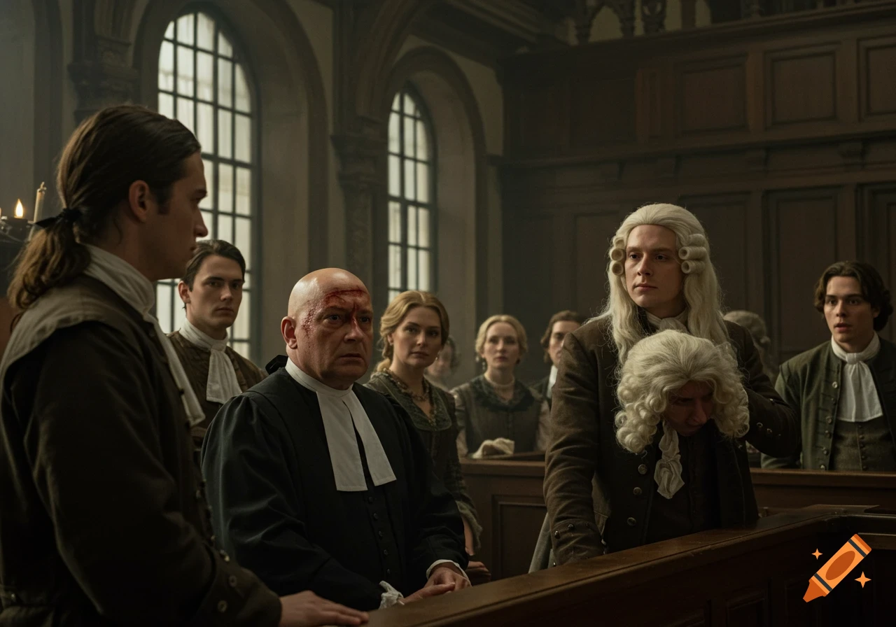 A photorealistic image of people in 17th-century attire in a dimly lit courtroom, a bald man with a head wound looks worried while another holds a white wig.