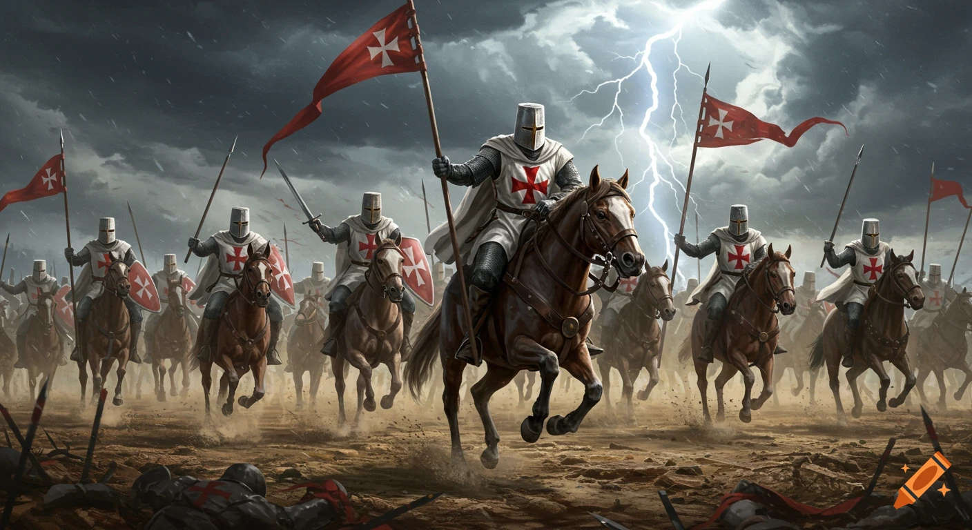 Templar knights on war horses charge into battle under a stormy sky ...