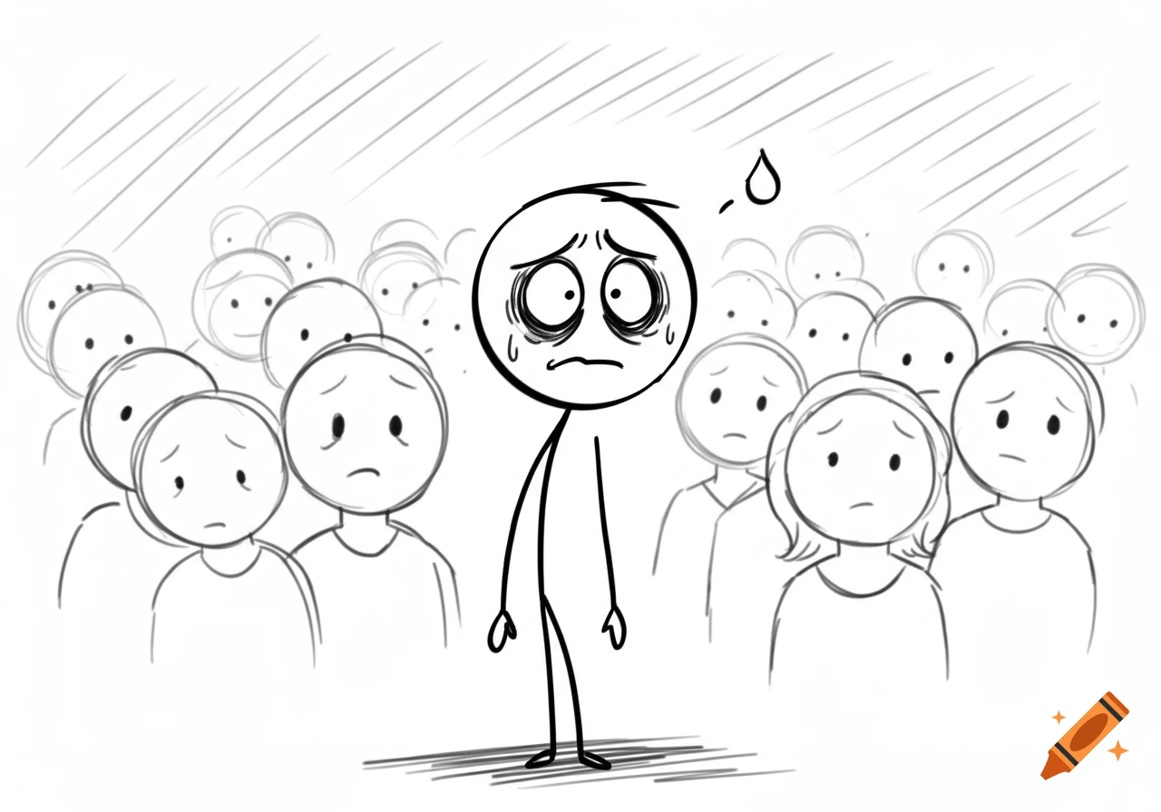 A nervous stick figure with a sweat drop, anxious eyes, and a trembling mouth stands in front of a crowd in a line drawing.