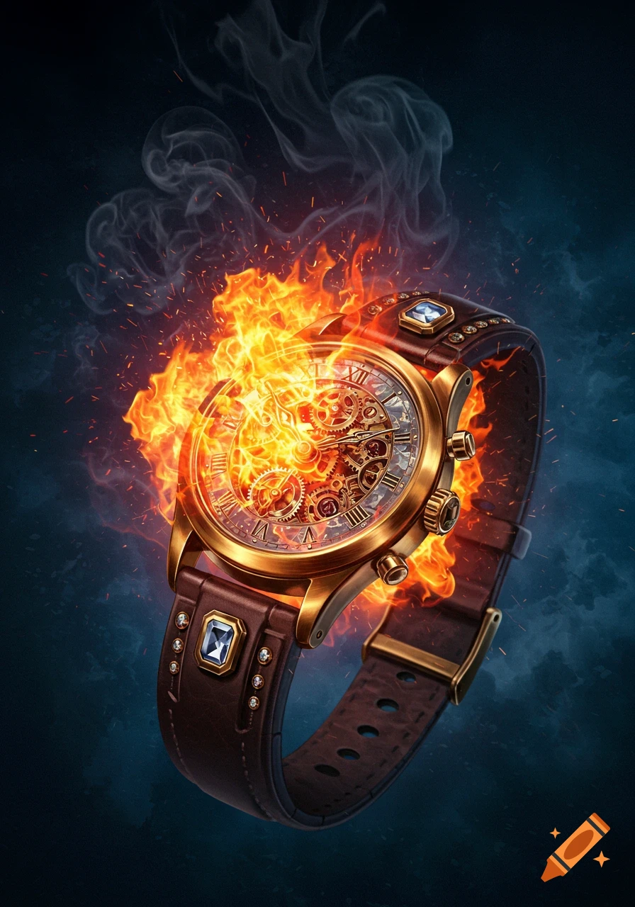 A detailed gold and brown leather steampunk watch engulfed in flames and smoke against a dark background.